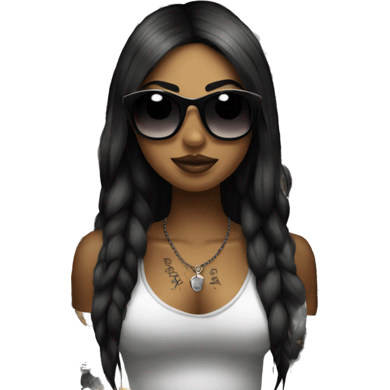 Black hair gothique girl with sunglasses and tattoo s emoji