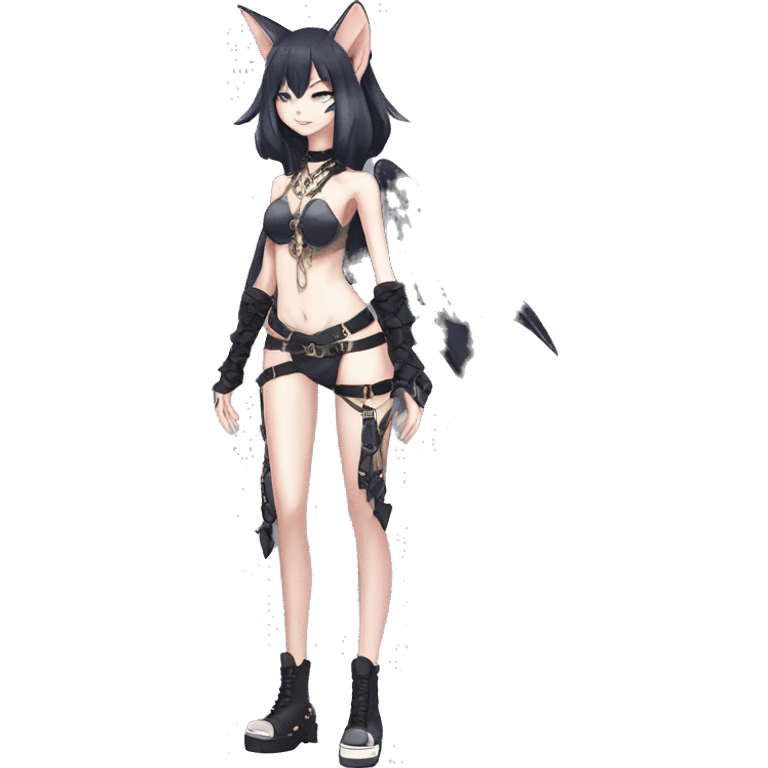 Anthro cool punk kawaii edgy distinguished pretty elegant beautiful fantasy black ethereal cartoon nargacuga-Noivern-sphynx-Quiana-Fakemon collar harness chains necklace full body emoji