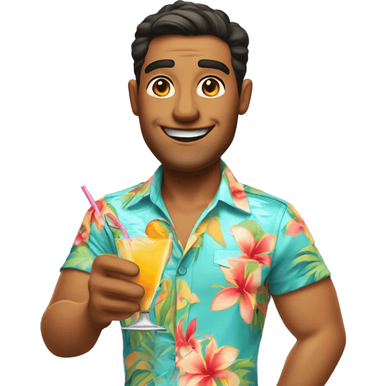 a guy in a Hawaiian shirt and light pants holds a cocktail emoji