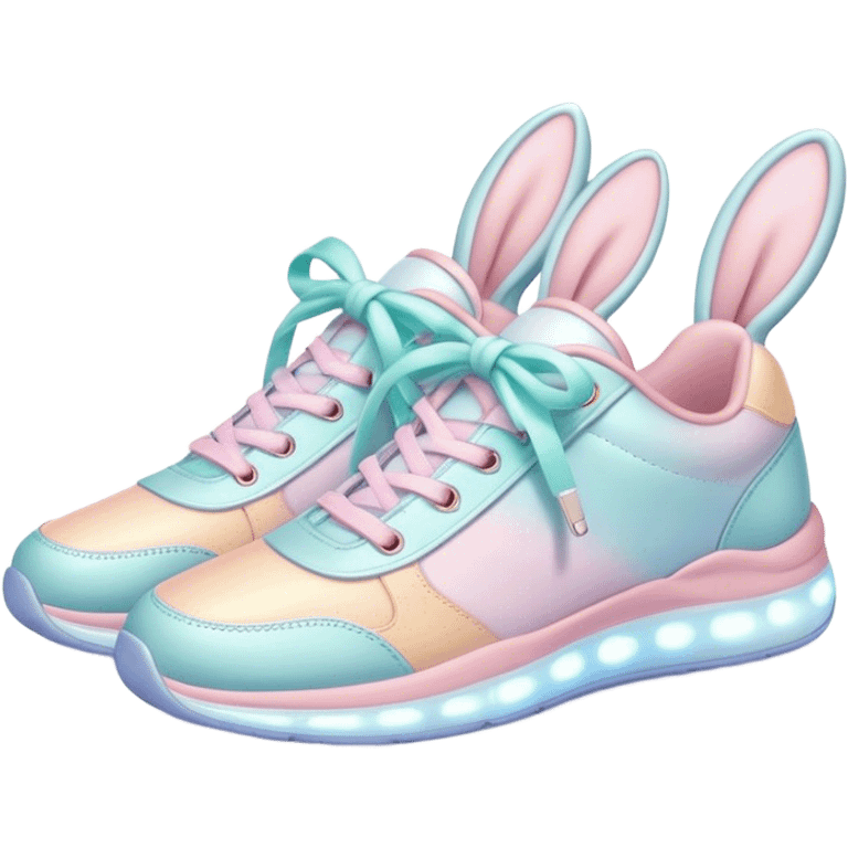 Cute Kawaii Shoe, small and bouncy, soft pastel sneakers with glowing highlights, cute sparkling eyes, a happy cheerful expression, laces tied like bunny ears! emoji