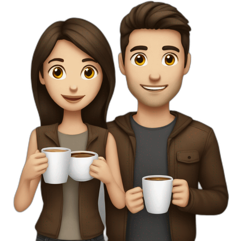 brunette girl and brunette guy with a cup of coffee emoji