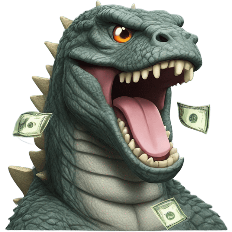 godzilla with dollar signs on the eyes and tongue the money-mouth face emoji