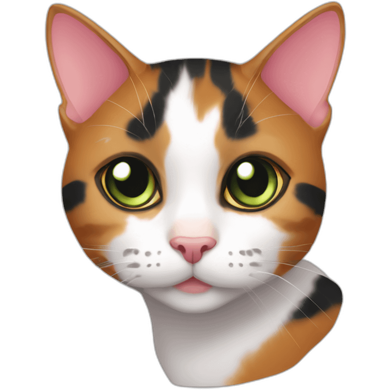 young striped calico cat face with a pink nose, white chin, green eyes, and orange/brown markings, orange tip on one ear emoji