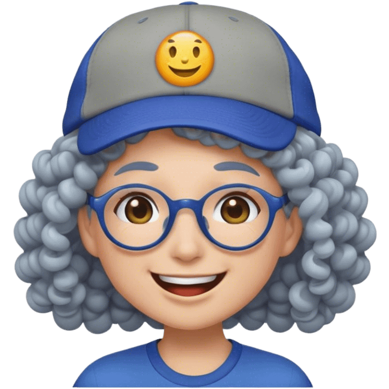 a female, yellow faced emoji, simple style, big smile, winking, blue ball cap on backwards, cartoon, curly grey hair, no eye color, glasses emoji