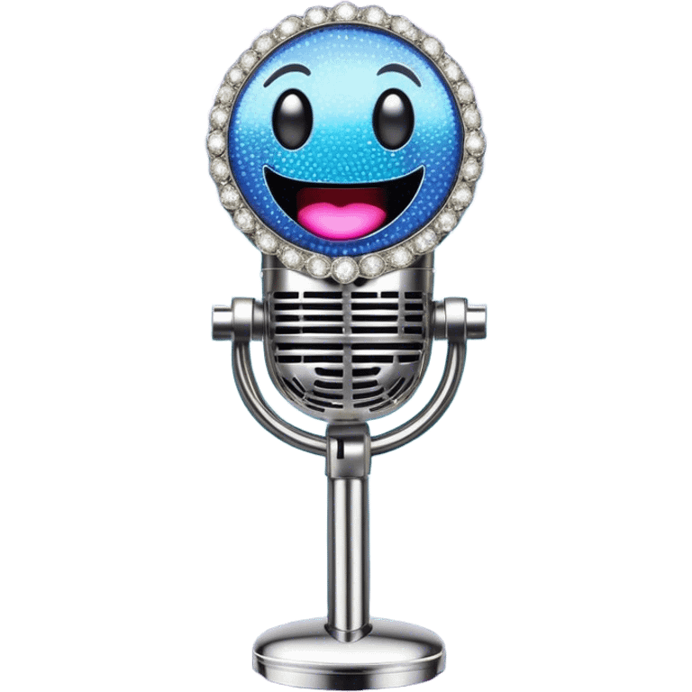 Create a glamorous and vibrant emoji representing stage vocal performance. The design should feature a classic vintage microphone at the center, surrounded by an eye-catching stage costume covered in rhinestones, sparkling brightly. The costume should be stylized, with glittering elements like sequins and sparkles, and reflect the glitzy, extravagant nature of show business. The microphone should have a sleek, retro look with chrome or metallic accents. Use rich, dazzling colors like gold, silver, deep purple, and bright red to evoke the glamorous, larger-than-life feel of a stage performance. The background should be transparent. emoji