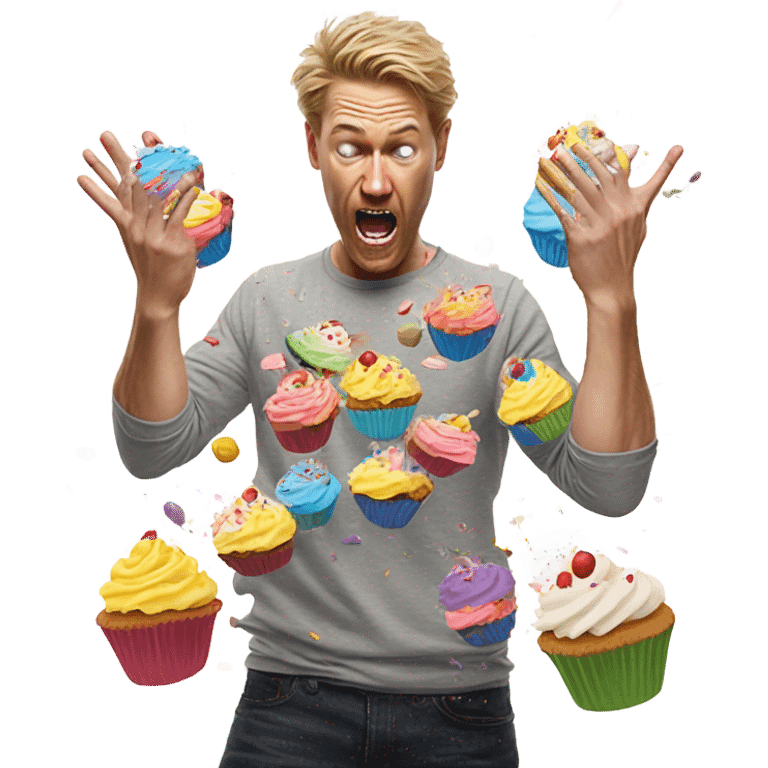 white man destroying cupcakes with his hands emoji