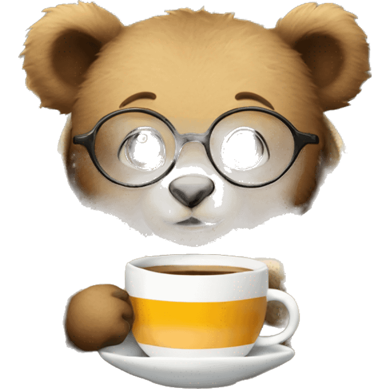 A baby bear wrapped in a blanket with glasses and a cup of tea or coffee with a book emoji