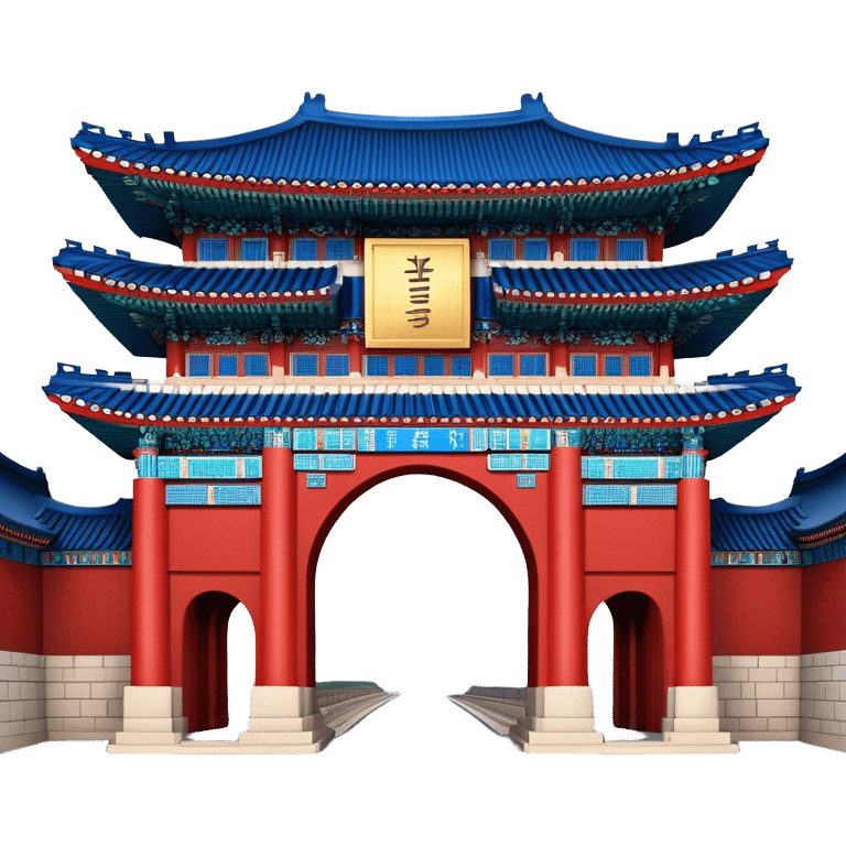 ​Cinematic Realistic Gwanghwamun Gate, depicted as a majestic historic gateway with traditional Korean architectural details, vibrant red and blue accents, and intricate carvings, set against a backdrop of modern Seoul under dynamic, natural lighting that highlights its timeless grandeur, emoji