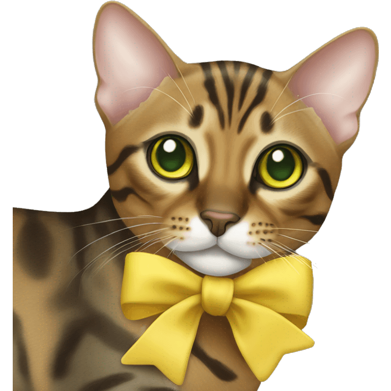 green-eyed bengal cat has a small yellow bow  emoji