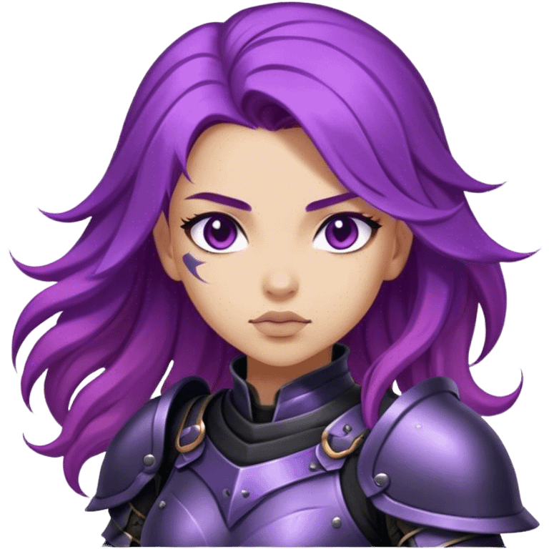 A mysterious warrior girl with flowing purple hair, dressed in black armor. emoji