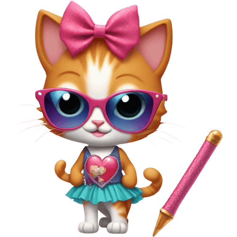 A ginger kitten wearing a skirt and point shoes holding a magic wand and wearing heart shaped sun glasses emoji