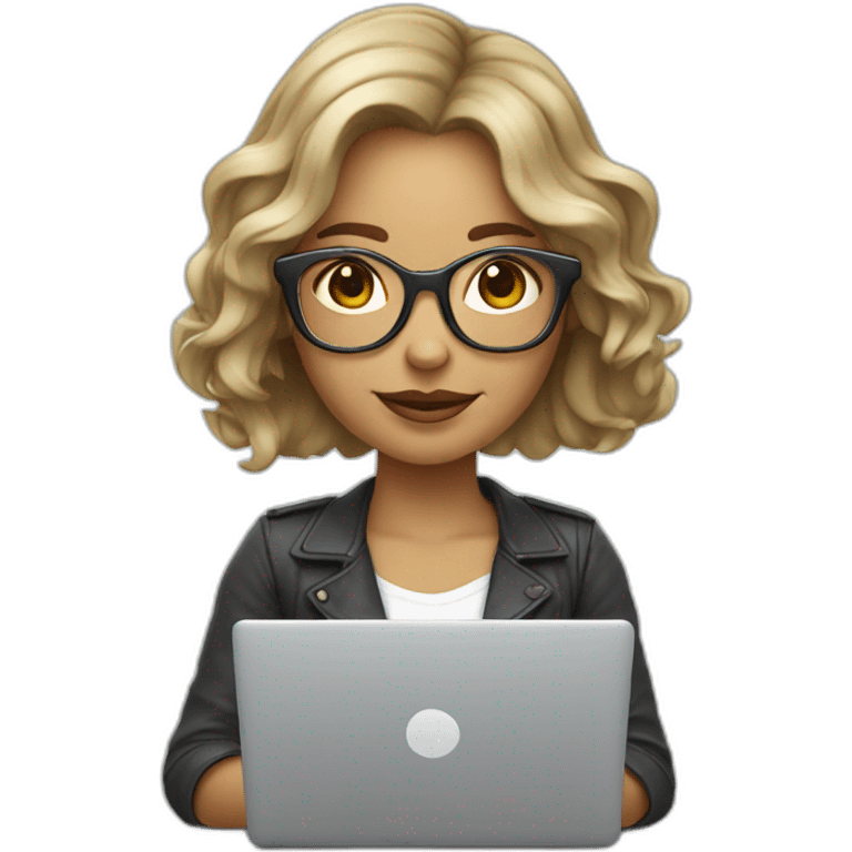 dark blonde girl with bob wavy hair in glasses silver color glasses holding laptop emoji