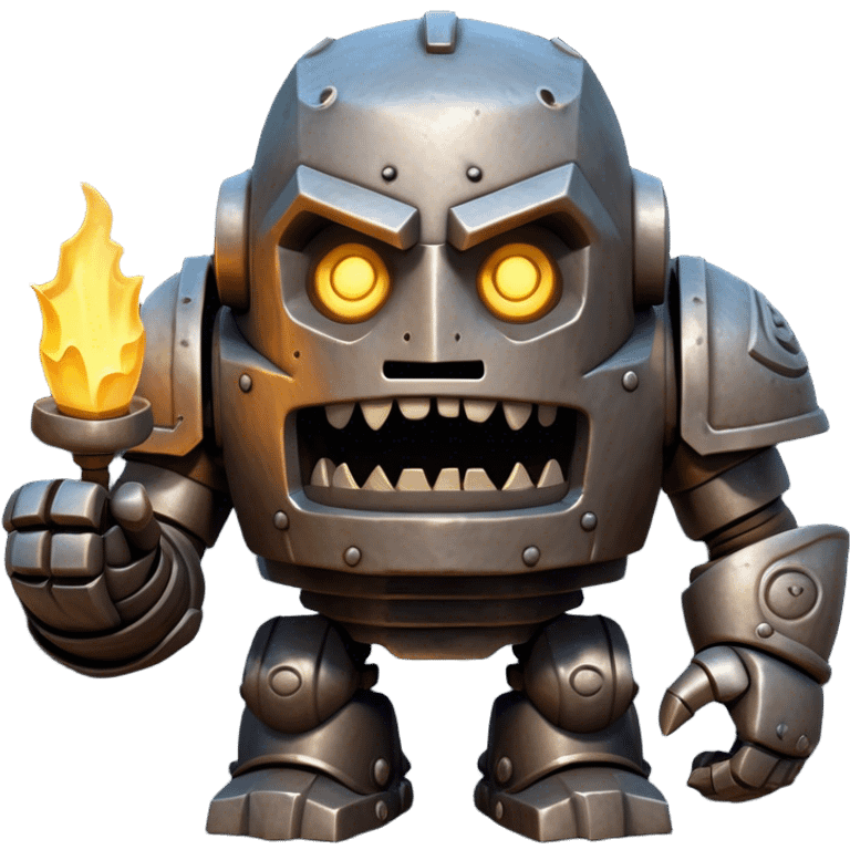 Cinematic Comical Mighty Iron Golem Portrait Emoji Head tilted dramatically with an exaggeratedly amused expression, featuring a bulky, armored form with a slightly lopsided stance, ancient runes flickering erratically, and one massive, jointed hand raised in a slow, deliberate wave. Wide, expressive glowing eyes give it an almost humorous, puzzled look, as if it’s contemplating something far beyond mortal understanding. Rendered with detailed metallic textures and deep, dynamic lighting, high shine, dramatic yet whimsical, styled with a hint of unexpected charm, soft glowing outline, capturing the essence of an endearing yet colossal guardian that looks ready to crack an impossibly slow, earth-shaking joke! emoji