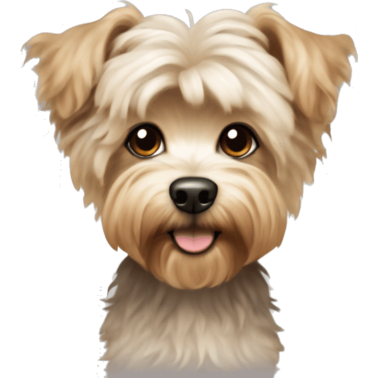 yorkie bichon mix. dog with light tan curly fur, very very long ears down. dark brown eyes, mouth closed.  emoji