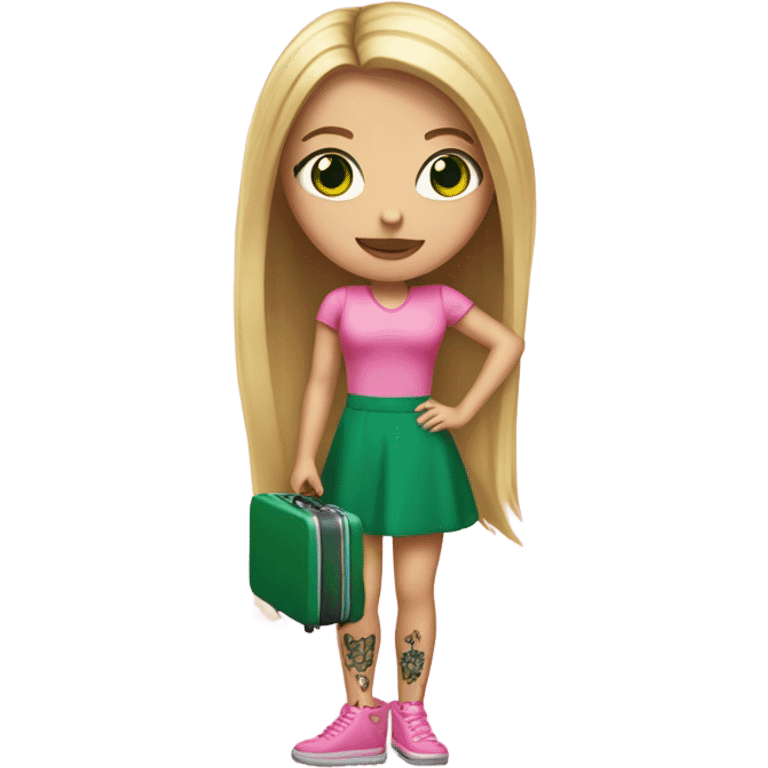 Realistic White girl with Long straight blonde hair and green eyes, tattoos, full body wearing pink dress, holding pink luggage emoji