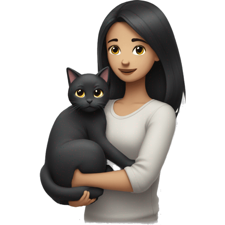 A girl with black hair hugs a gray cat emoji