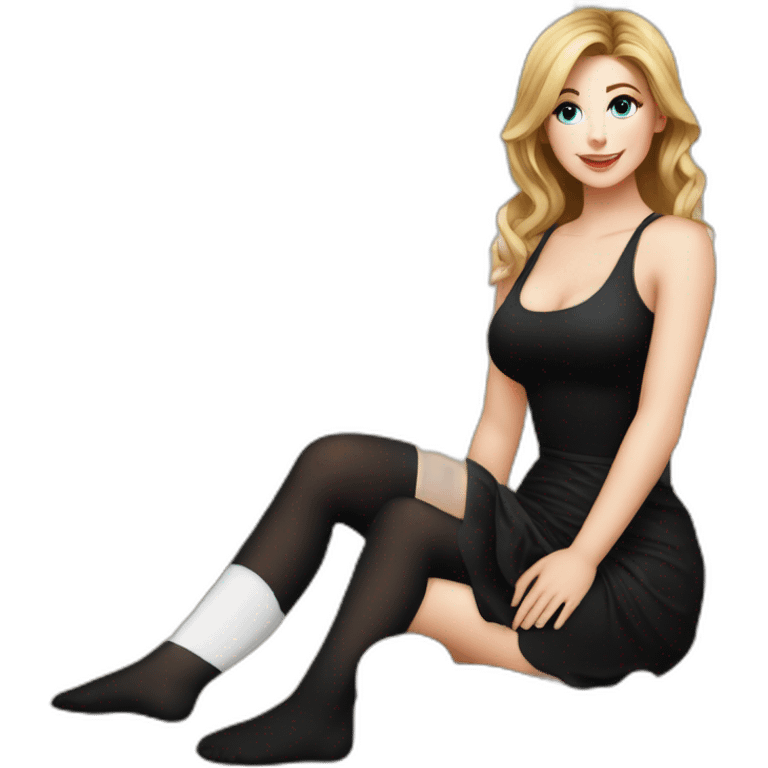 Front view curvy caucasian beauty sits on the floor straight hands up black skirt white stockings emoji