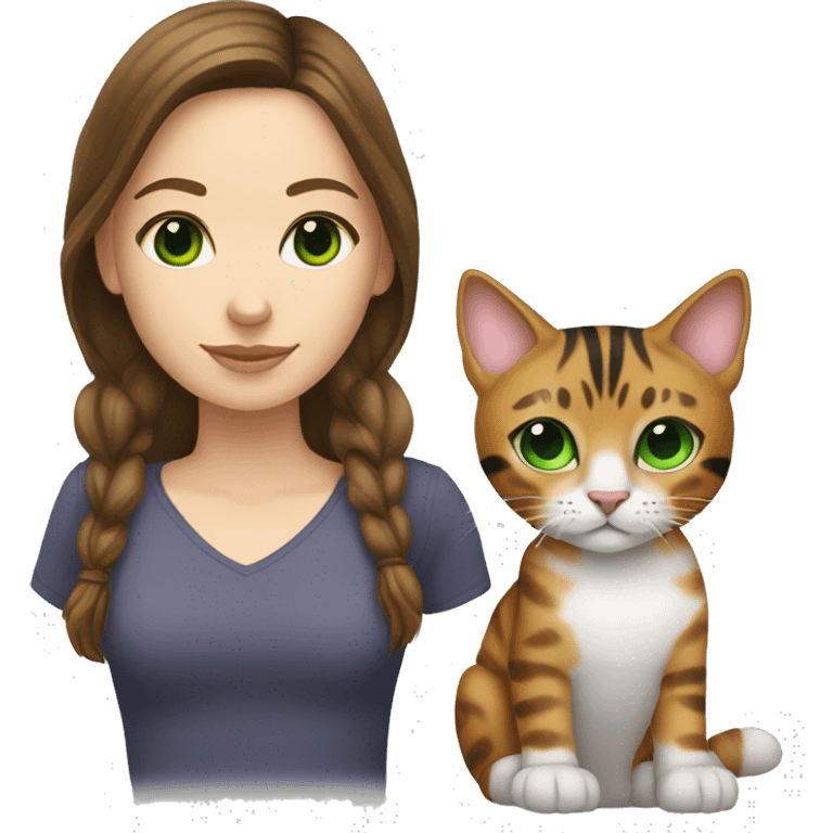 White skin girl with brunette hair with bengal cat with green eyes emoji