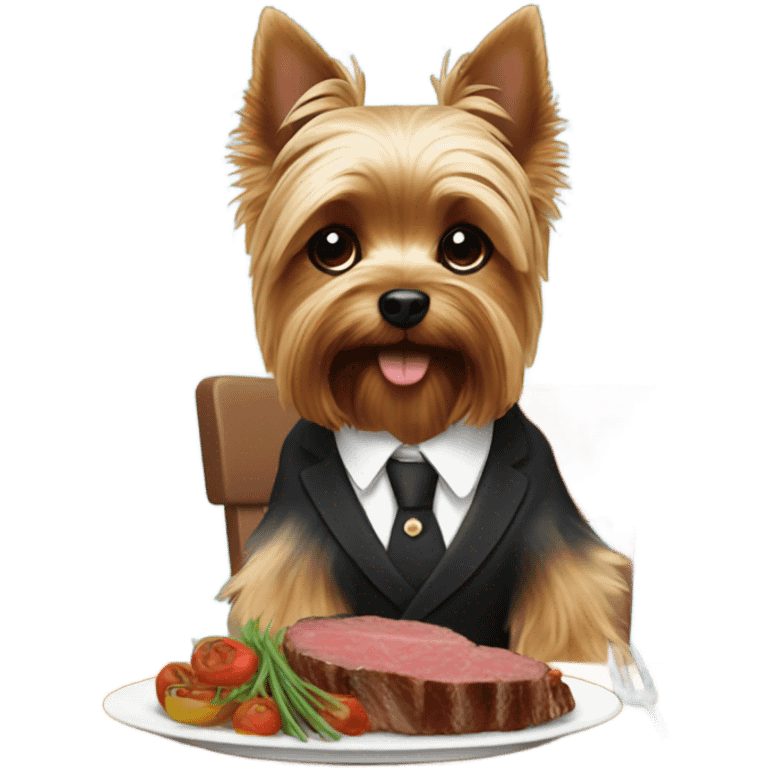 Yorkie eating steak at a dinner table emoji