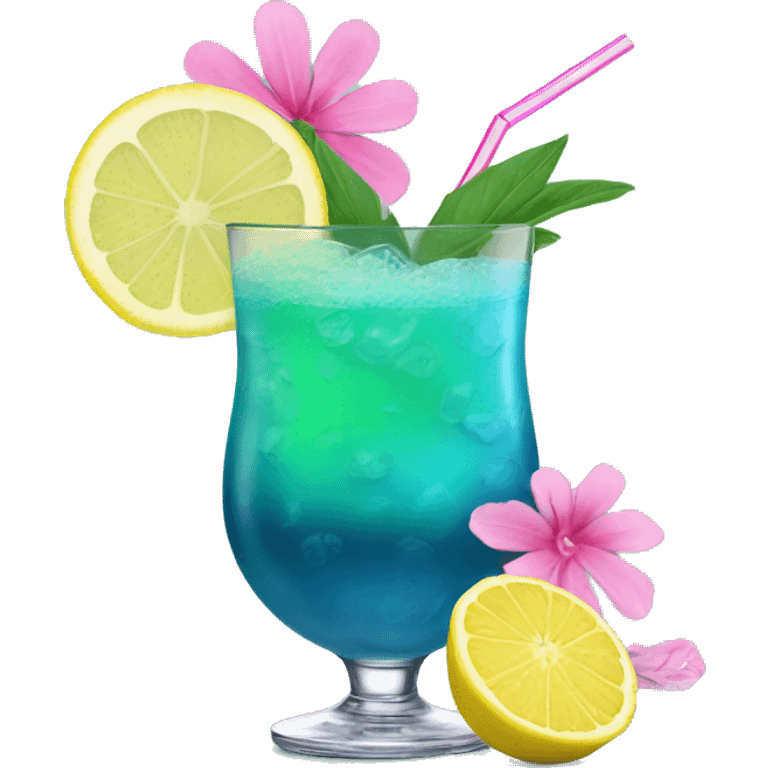 Blue/green cocktail with pink flowers and lemon and straw emoji