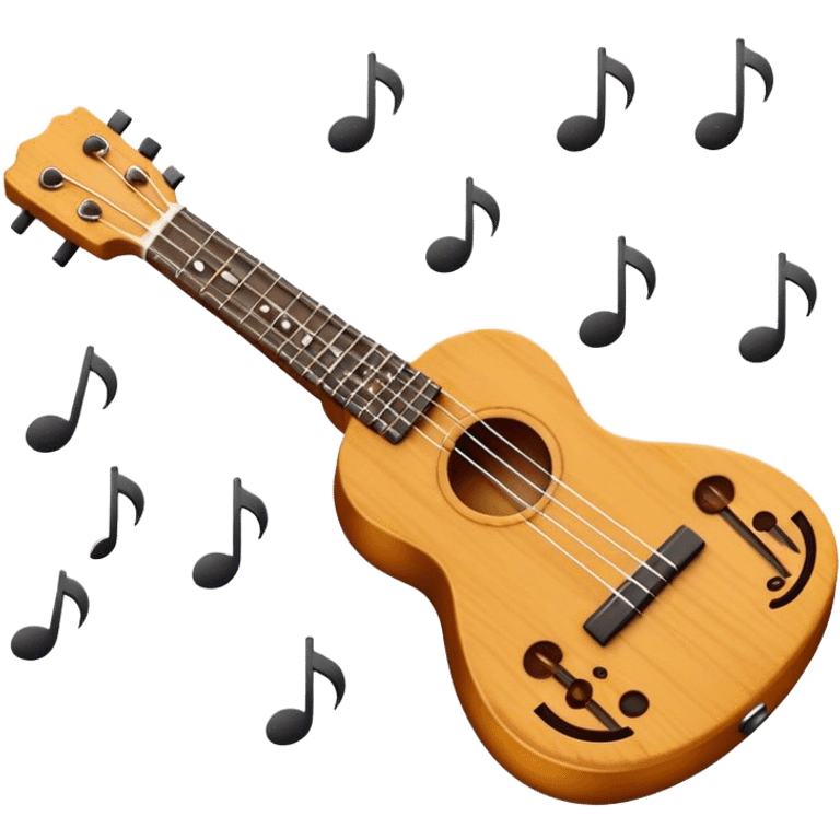 Create a cheerful and compact emoji representing a ukulele. The design should feature the small, wooden body of the ukulele with its smooth curves and visible strings. Highlight the sound hole and fretboard with subtle detailing to show the instrument’s craftsmanship. The wooden finish should be light, such as honey or natural wood tones, with dark accents for the fretboard and bridge. Add musical notes or soundwaves floating around the ukulele to evoke its bright, happy sound. The background should be transparent. emoji