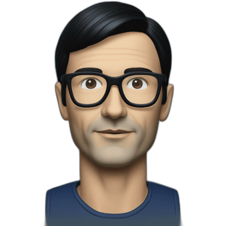 photo realistic Ralf Hutter from Kraftwerk, short straight black hair, black glasses, Dark Blue T-shirt, lean, right view emoji