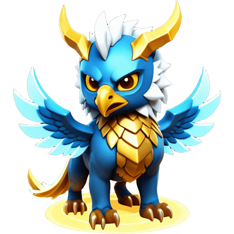 Clash of Clans aesthetic: Cinematic fierce lightning gryphon Beast Emoji, rendered in a 3D vector-style similar to standard emojis with minimal shading and bold, simplified shapes. A compact, isometric mythical creature with wild, majestic features and fierce yet endearing eyes, softly glowing with a primal enchanted charm. Simplified yet unmistakably iconic, highly detailed and consistent, glowing with a soft radiant shine and high polish. Stylized with a touch of mythical wildness and a soft glowing outline, capturing the essence of a legendary beast with a friendly, playful allure! emoji