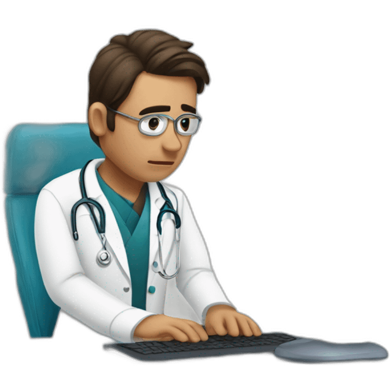 doctor using desktop computer and looking irritated emoji