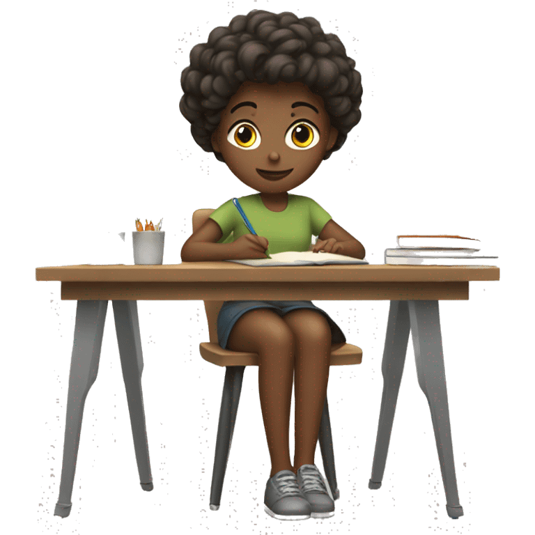 a girl sitting at a desk writing emoji