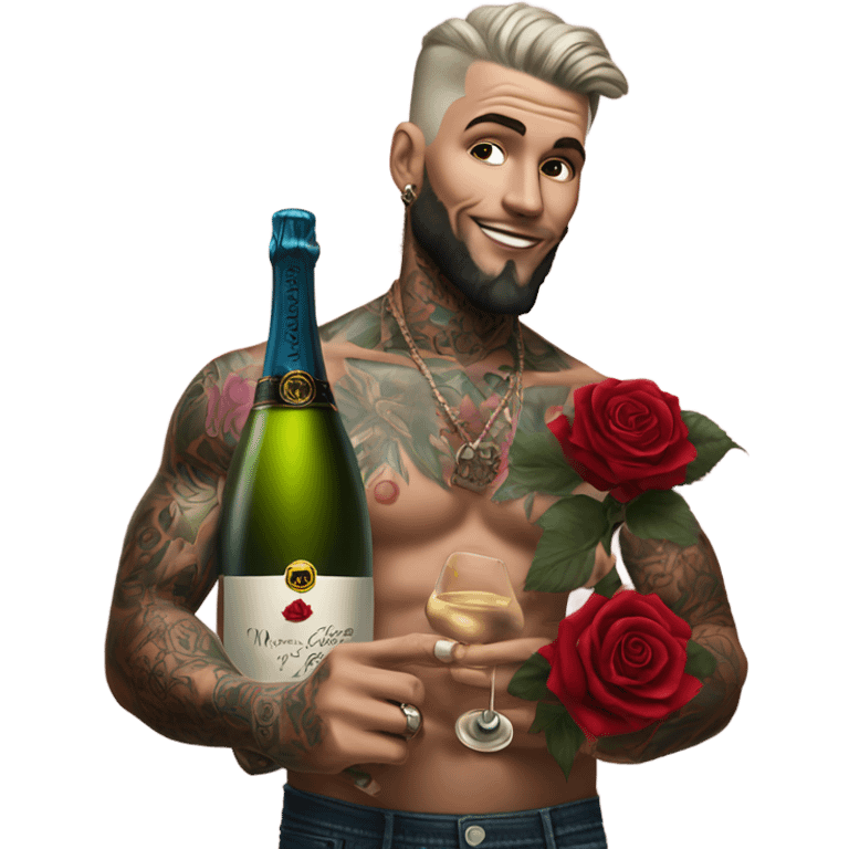 Hyper Realistic handsome tattooed man holding roses and a bottle of champagne  emoji