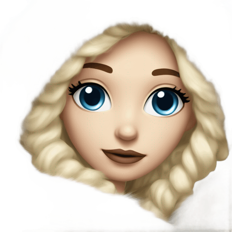 Beautiful Girl with lashes and blue eyes, blonde hair, in a extremely big fluffy oversized white fur coat with hood on. The fur is real and it’s very obvious big and fluffy  emoji