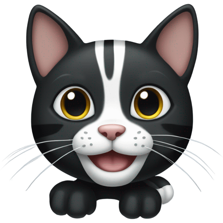 Black Cat with white paws and grey stripes that is smiling emoji