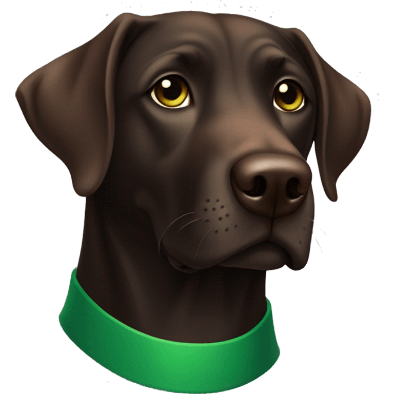 Dark brown Labrador retriever with green collar looking straight emoji