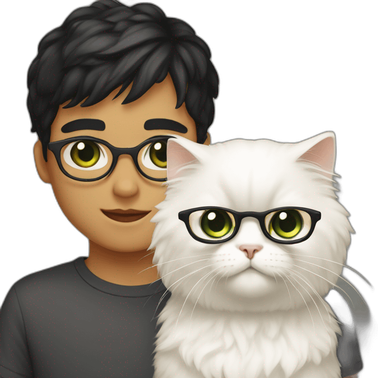 Boy with green eyes, black short hair, white skin, with glasses, holds  Persian cat with orange wool emoji