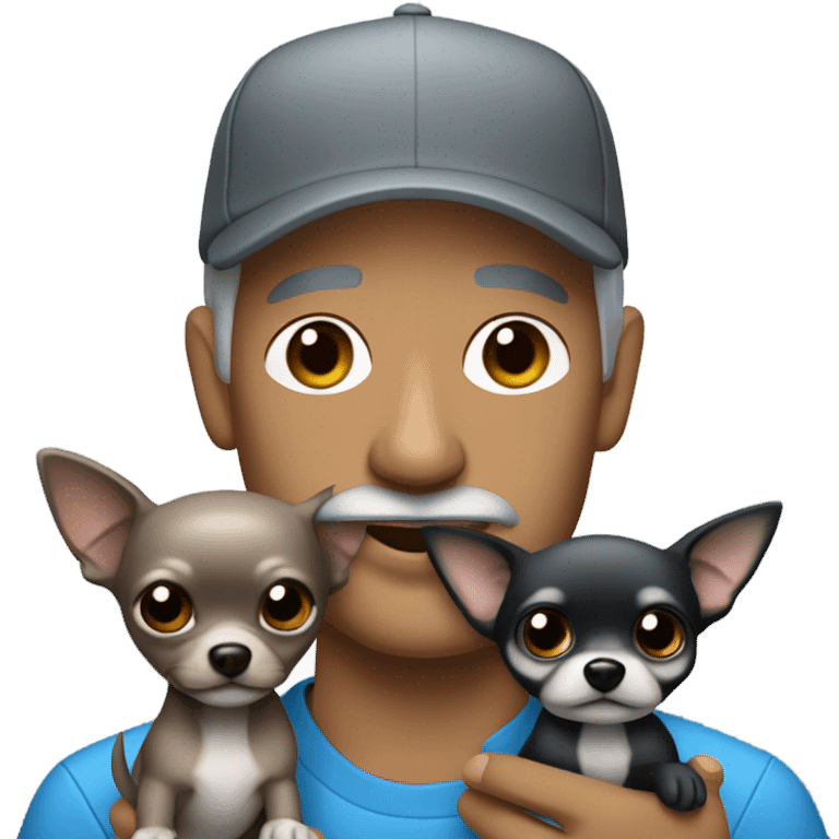 blue eyed man, with grey hair and grey goatee, wearing ball cap, holding long hair black chihuahua emoji