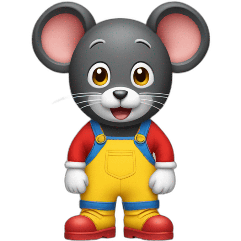 Black mouse white gloves red dungarees yellow shoes big circle ears emoji