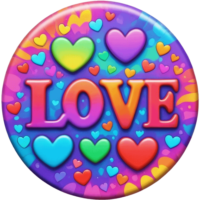 A round psychedelic colored button with bezeled edges and the word love emoji