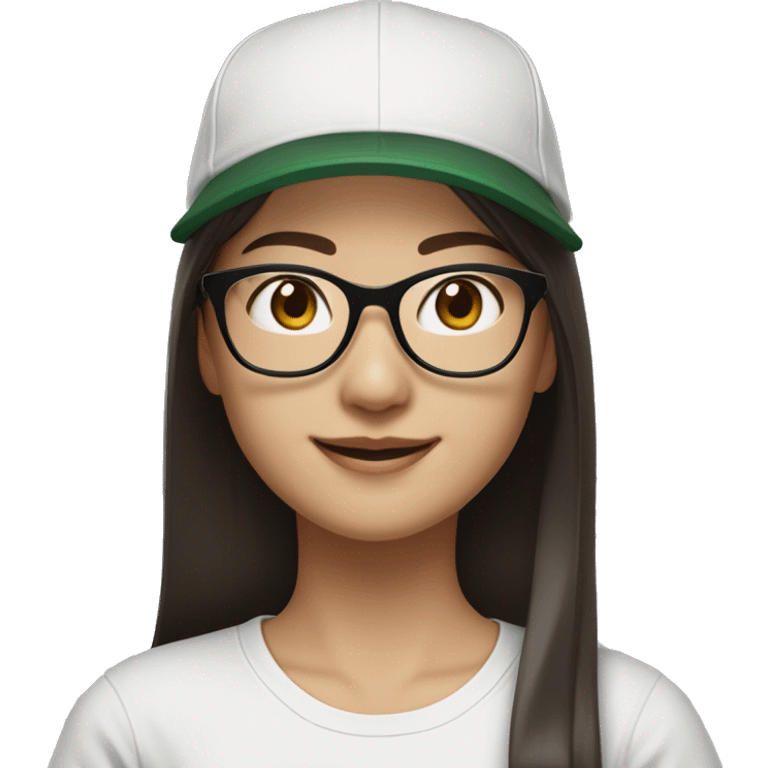 Hyper realistic, look from side, asian adult woman, light white skin, smiling with teeth, black eyes, spotted frame glasses, long brown straight hair with highlighted strands, black T-shirt, dark green cap. emoji