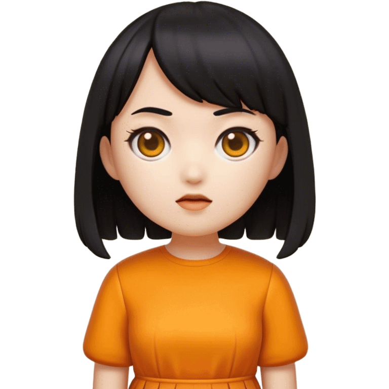 A detailed emoji-style illustration of the Squid Game doll, designed in the aesthetic of iPhone emojis. The doll has a round face, short black hair with bangs, and wears an orange dress with a yellow shirt underneath. Her expression is neutral but slightly eerie. The style is clean, simple, and polished, resembling Apple’s emoji set with smooth gradients and minimal shading. The background is plain or slightly blurred to keep the focus on the character.” emoji