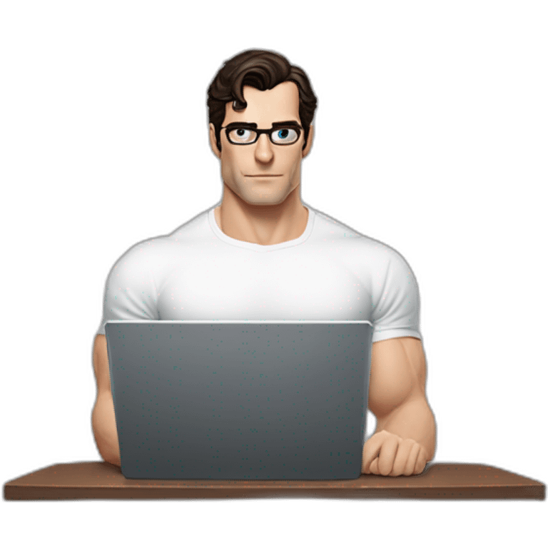 front view of henry cavill clark kent wearing white t-shirt using a laptop emoji