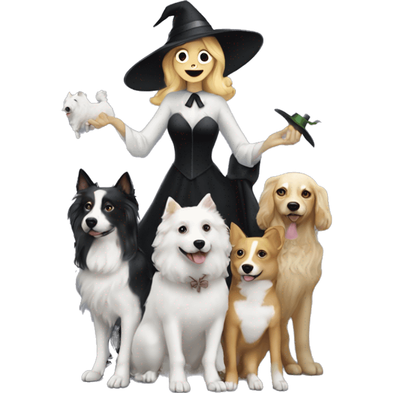 A wicked witch but not really wicked flying on a bloom with her pack of dogs following her.  One white dog, one curly and blond and one black with a white tuxedo  emoji