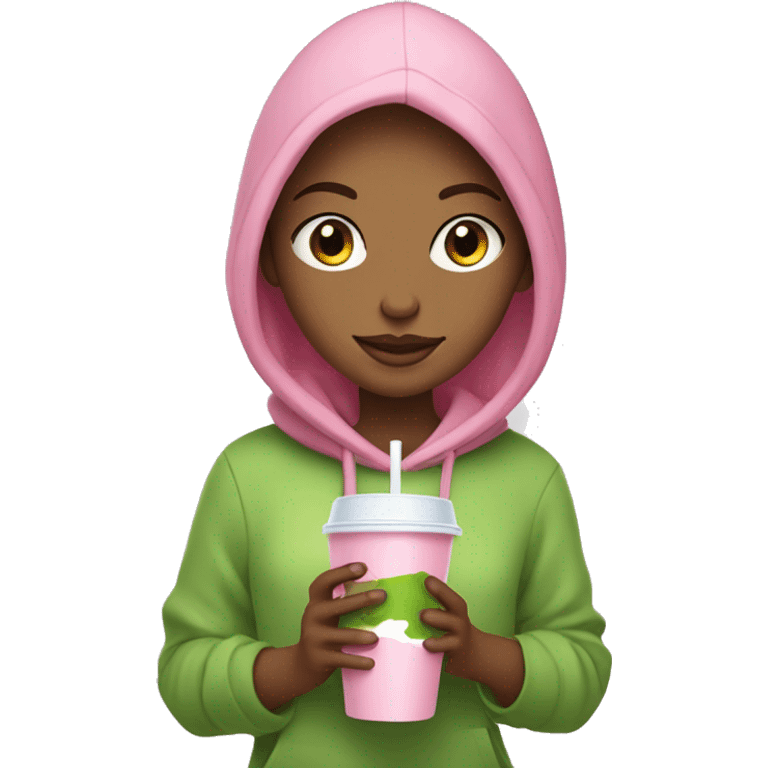 Pretty girl -brawn hair- pink hoodie-holding a glass cup of iced matcha  emoji