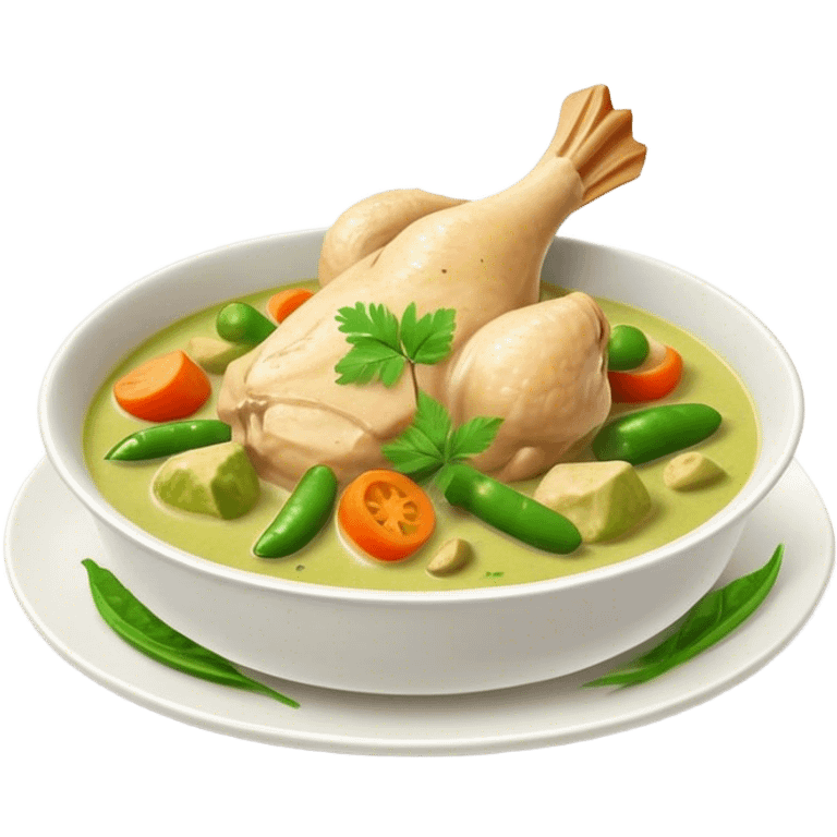 Green Chicken Curry Cinematic Realistic Green Chicken Curry Dish Emoji, depicted as tender chicken chunks simmered in a fragrant green curry sauce with vegetables, rendered with vivid textures and dynamic, vibrant lighting. emoji