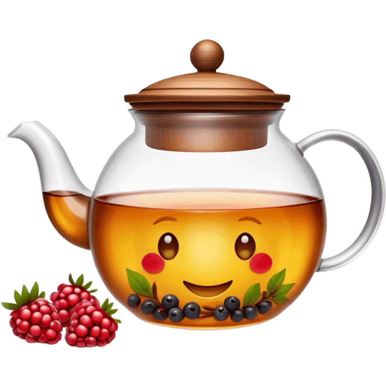 A cinematic realistic emoji with an attractive image of a transparent teapot with a realistic wooden lid filled with tea with berries, rich texture and warm, festive lighting. emoji