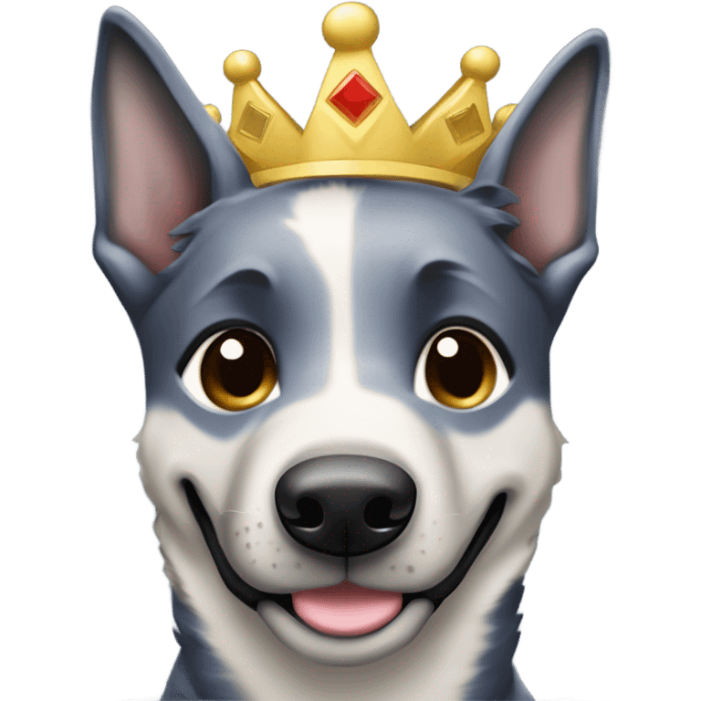 A smiling malinois dark blue merle without red color with a crown on his head emoji