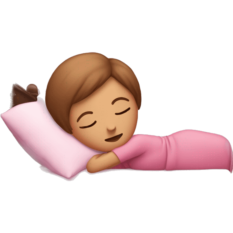 white female with brown short hair with a bow asleep on a pink bed emoji