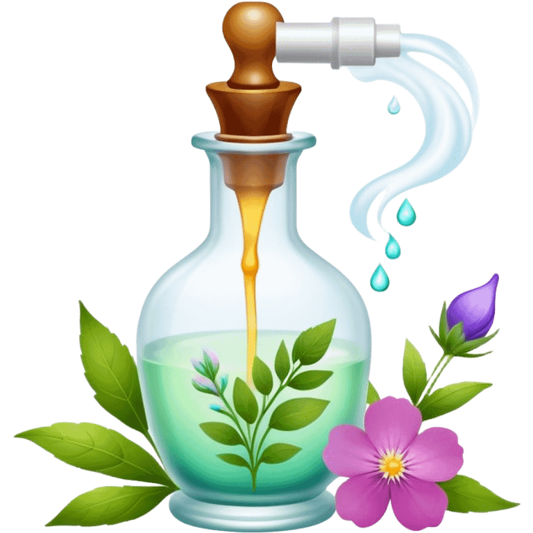 Perfume making icon, delicate glass bottle being filled with colorful essential oils from droppers, swirling mist rising from the bottle, flowers and herbs nearby, minimalistic style, clean lines, transparent background. emoji