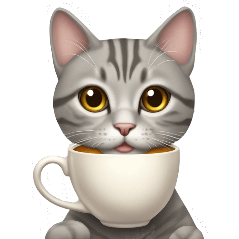 hazel eyed grey Tabby cat holding a cup of tea emoji