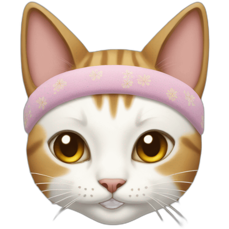 A cat smiles in a Japanese headband emoji