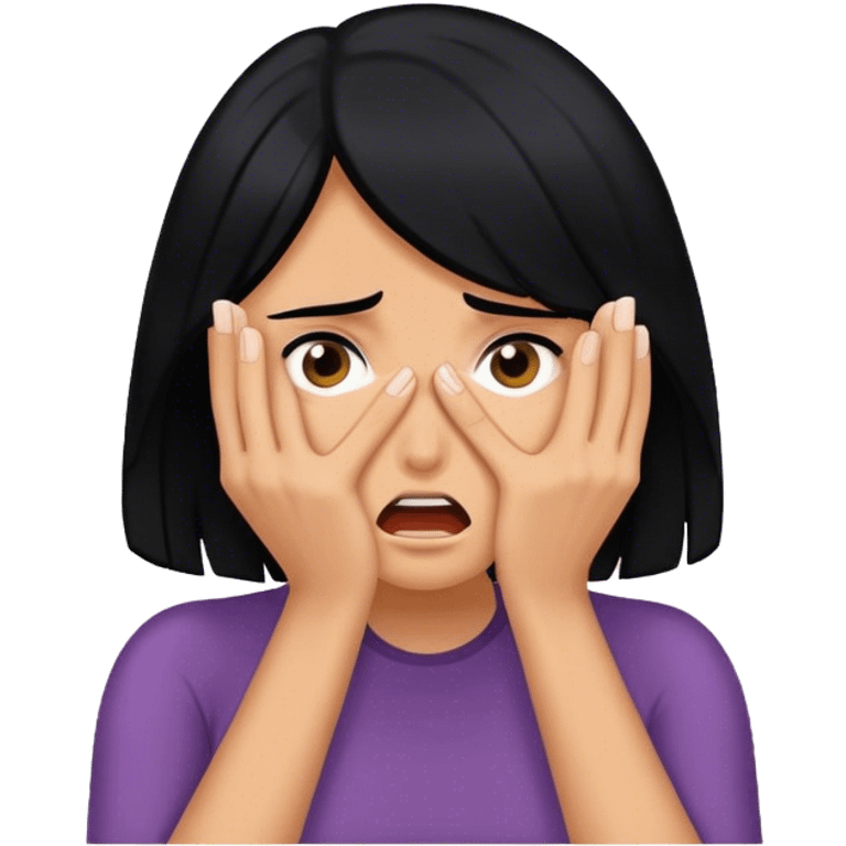 Woman shielding her face in fear with black hair emoji